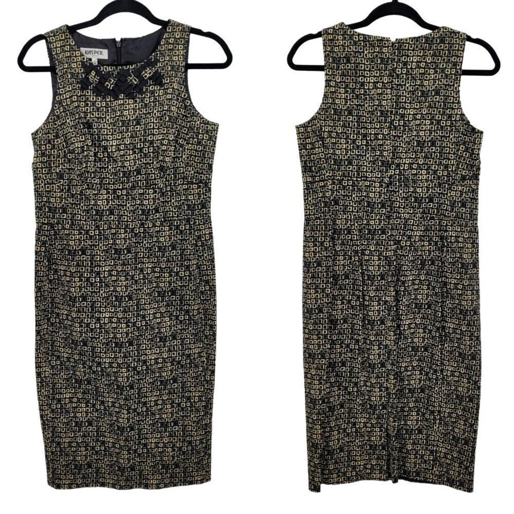 Kasper Geometric Print Sleeveless Sheath Dress 6 Black Brown 3D Ribbon Neckline